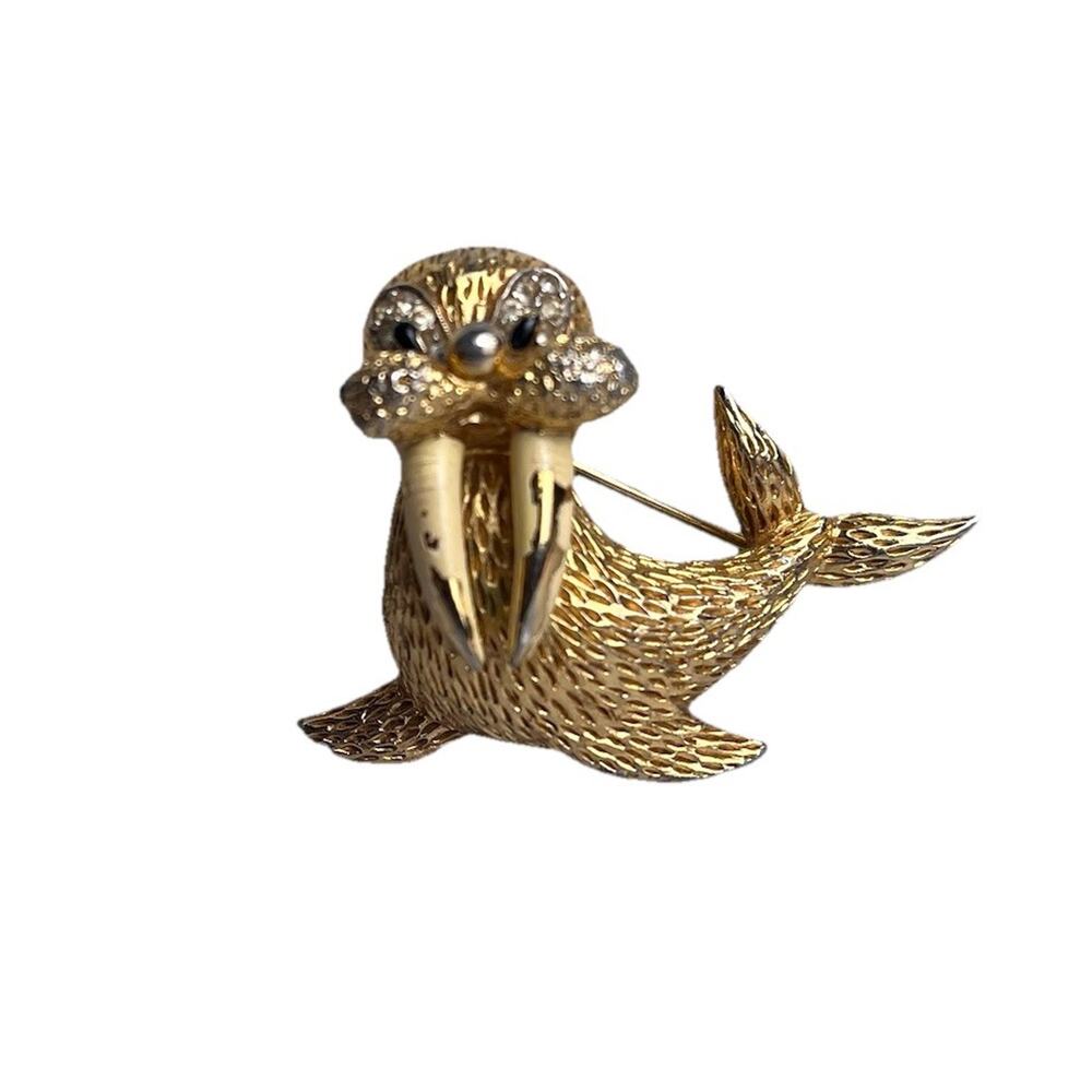 Vintage Jomaz Goldtone Walrus Brooch Rhinestone Eyes Signed Animal Pin